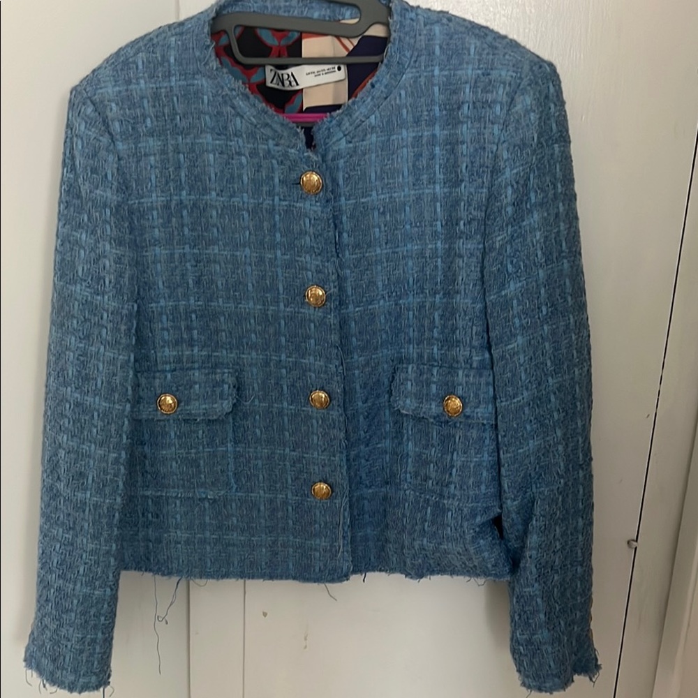 Zara Blue Blazer with Textured Fabric and Structured Design